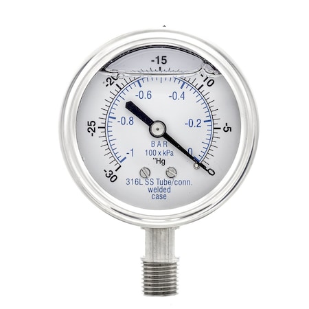 Pic Gauges 2 1/2 in Dial, 1/4 in NPT Male Lower Location, Stainless Steel Case Material PRO-301L-254A-01